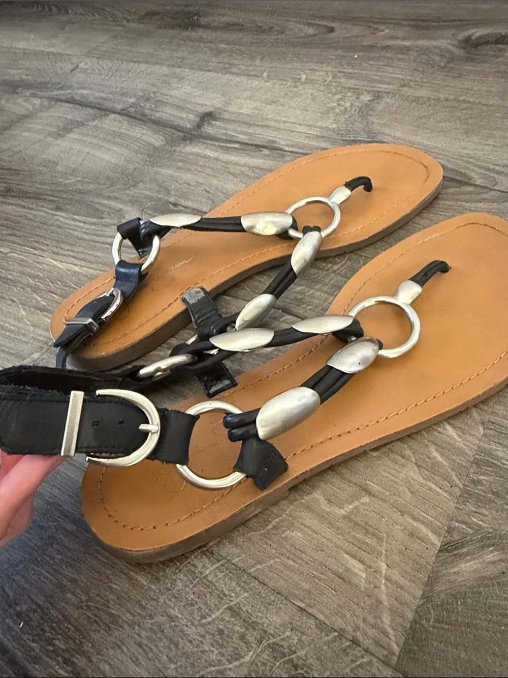 Jessica Simpson Black Strappy Sandals with Tan Footbed- Size 9.5